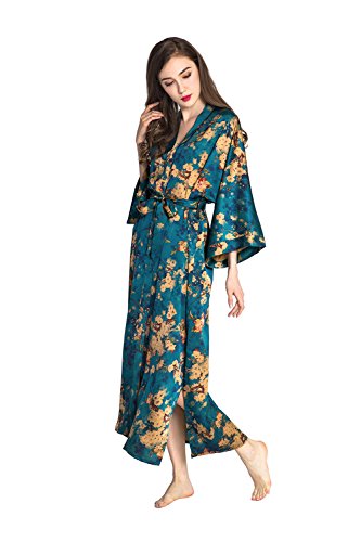 Old Shanghai Women's Kimono Robe Long - Watercolor Floral, Tamiko- Teal