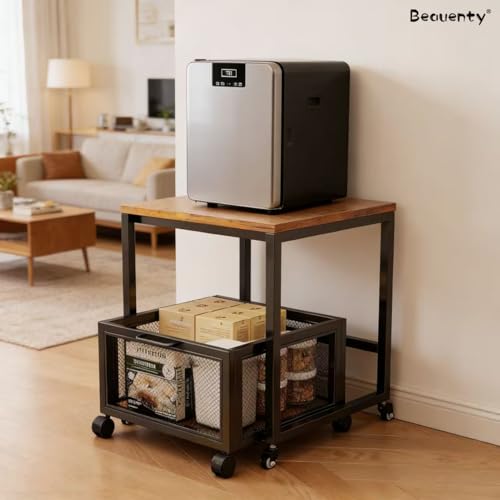 Beauenty Mini Fridge Stand, Beverage Fridge Table, 19.7" x 19.7" Mini Refrigerator Cart with Storage Drawer Basket, Coffee Bar Refrigerator Stand for Office Home Apartment