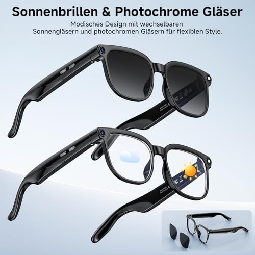 AI Smart Glasses, Brille mit 800 W Kamera, 2 Paare Brillengläser, 1080P HD Video und Audiorecording mit Bildstabilisierung, /Bluetooth-Anrufe/AI-Assistent/Echtzeitübersetzung