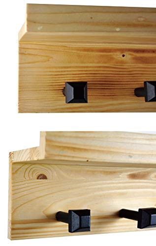 Spiretro Set of 2 Wall Mounted Torched Wood Floating Shelves & Ledge, Coat Hat Rack with Black Metal Pegs Hook to Organizer, Storage, Decorative for Entryway, Hallway, Bedroom, Natural Beige - Thumbnail 5