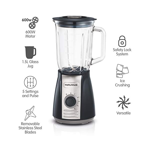 Morphy Richards 403010 Jug Blender with Ice Crusher Blades Inspire Kitchen Confidence, Glass, 600 W, 1.5 liters, Grey