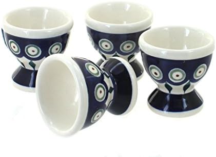 Blue Rose Polish Pottery Peacock Egg Cup Set