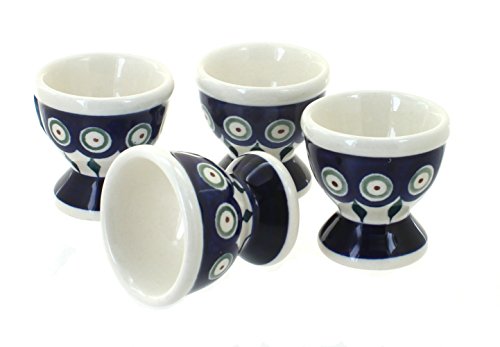 Blue Rose Polish Pottery Peacock Egg Cup Set