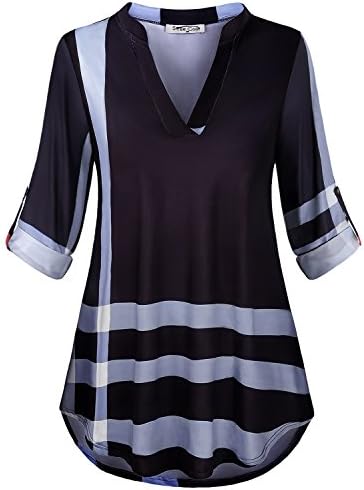 Womens 3/4 Roll Sleeve Shirt Notch Neck Loose Tops Plaid Tunic Blouse