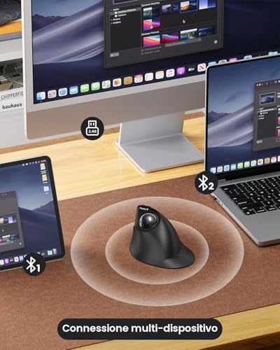 ProtoArc EM05 NL Wireless Vertical Bluetooth Trackball Mouse 62° | Ergonomic, Thumb Control, Rechargeable, 3 Devices, 62°, 5 DPI for iPad/Mac/PC/Windows - Black