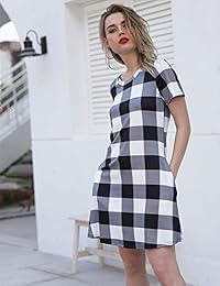 Blooming Jelly Plaid Swing Dress de manga corta con cuello redondo Mini vestido de verano con bolsillos