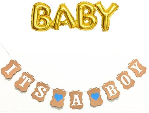 Aerfas Gold BABY Letter Balloons Foil with IT'S A BOY / GIRL Banner Set for Newborn Baby Shower, Photo Props Photography, Kraft Paper Heart Bunting Party String Christening Decoration (Boy)