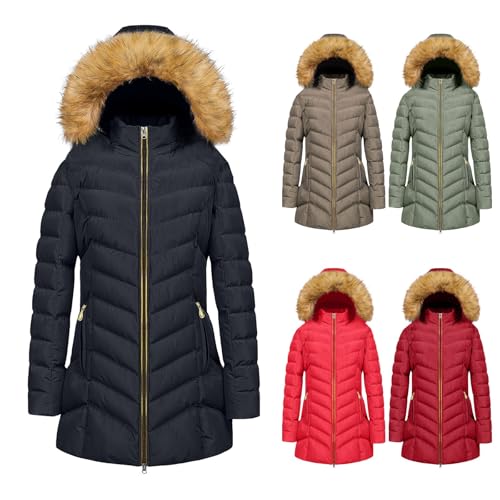 Womens Coats Plus,Fleece Lined Down Jacket Padded Puffer Hooded Trench Coat Ladies Quilted Jackets Casual Warm Outerwear Overcoat with Hood