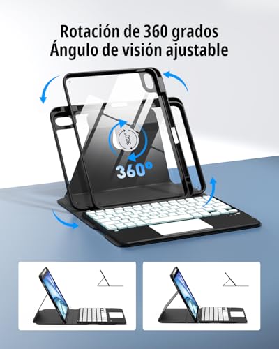 CACOE 360° Rotating Keyboard Case for iPad Air 8/7 Generation 2026/2025 M4/M3 11 Inch Air 6/5/4 with Touch Panel, 7 Color Backlight, Removable Wireless Keyboard, Black