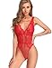 Garmol Women Lingerie Lace Bodysuit Deep V Neck Dobby Mesh Body Suits Teddy (Red, Large)