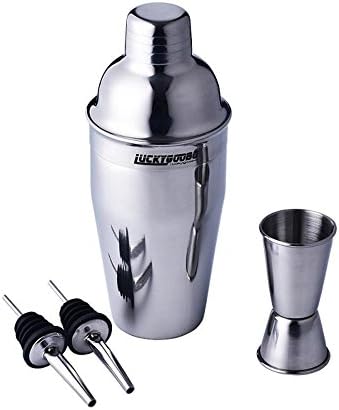 LUCKYGOOBO Cocktail Shaker Bar Set 100% Stainless Steel 3 Piece Bar Tool Set With 18 oz Professional Cocktail Shaker,Double Jigger and 2 Liquor Pourers .Martini Drink Mixer Barware Tools Supplies