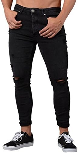 Qisc Denim Jeans, Men's Ripped Slim Straight Fit Biker Straight Slim leging Pants With Broken Holes (M, Black)