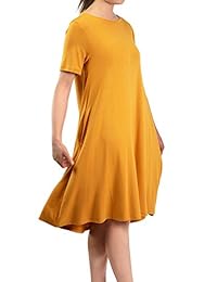 Malibu Days - Bolsillos laterales para mujer, manga corta, casual, suelto, liso, liso, liso, acampanado, camiseta Midi