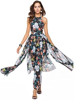 Women Summer Backless Floral Dress Party Beach Sexy Maxi Dress Sexy Split Long Dress (Blue, L)
