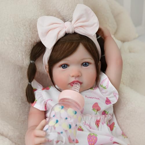 Bebê Reborn Realista Boneca Corpo de Silicone Menina Realista Corpo de Silicone Cabelo Implantado com Acessórios Original Pintada Corpo Realista Olhos Azuis Pode dar Banho 55cm (Menina Coelho 55cm)