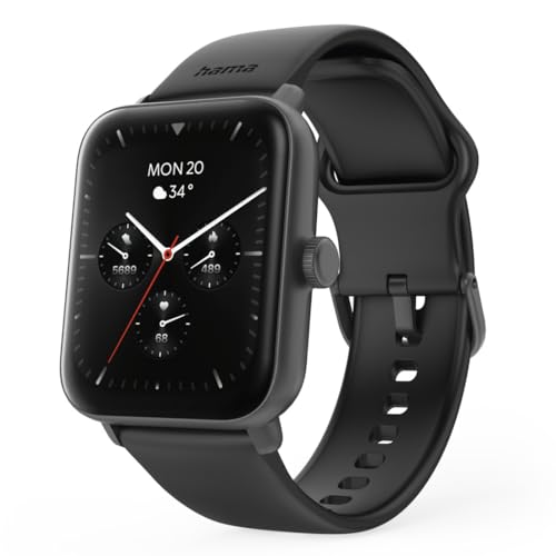 Hama Smartwatch (Farbdisplay 1,65“, Telefonfunktion, GPS, IP68 + 3ATM, WhatsApp, Email, Sprachassistent, Schlaftracker, 100 Sportmodi + Trainingspläne, Schrittzähler, Pulsmesser, Kalorien etc) schwarz