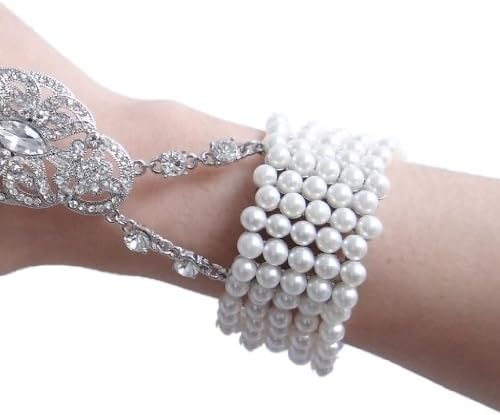 EVER FAITH Bridal Movie Inspired Flower Pattern Simulated Pearl Bracelet Adjustable Ring Set