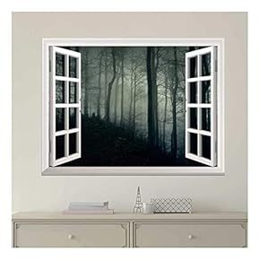 Modern White Window Looking Out Into a Dark Foggy Forest - Wall Mural, Removable Sticker, Home Decor - 24x32 inches