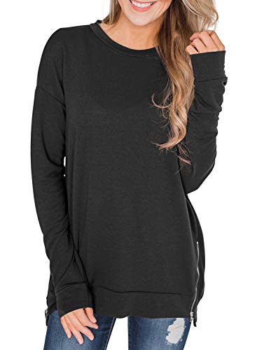 Asvivid Womens Crew Neck Long Sleeve Zipper Tunic Sweatshirt Solid Pullover Tops
