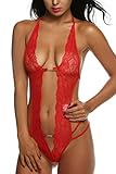 Avidlove Women Deep V Halter Lingerie Lace Babydoll Mini Bodysuit Red Medium