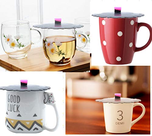JSS Set of 2 Round Silicone Mug Coffee Cup Cap, Seal Air Tight Drink Cup Lid, Tea Glass Cup Cover, Spill Proof Suction Lid Tumblers (Grey)