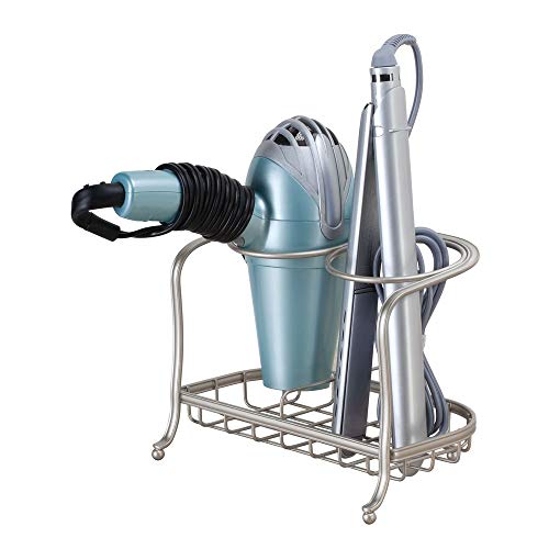 iDesign York Lyra Metal Hair Dryer & Hot Styling Tools Hair Tool Organizer for Flat Irons, Curling Irons, Brushes, Bottles with 2 Holders and Tray-8.75″ x 6.25″ x 7″, Satin