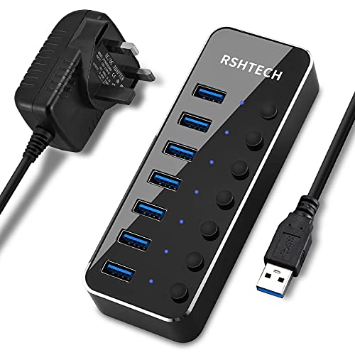 RSHTECH USB Hub Powered 7 Port USB 3.0 Data Hub Aluminum USB Extension Splitter with Individual On/Off Switch Universal AC to DC 5V Power Adapter (RSH-518)