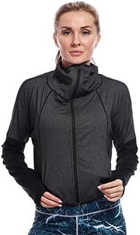 AmeSport Women's Workout Casual Loose Track Jacket Zip Up Crop Top Long Sleeve Cowl Neck With Thumb Hole - Smoke Grey, S