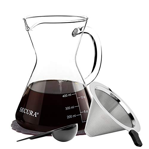 Secura Pour Over Coffee Maker Set Coffee Dripper Pot Coffeemaker 17 oz Stainless Steel Filter and Glass Carafe