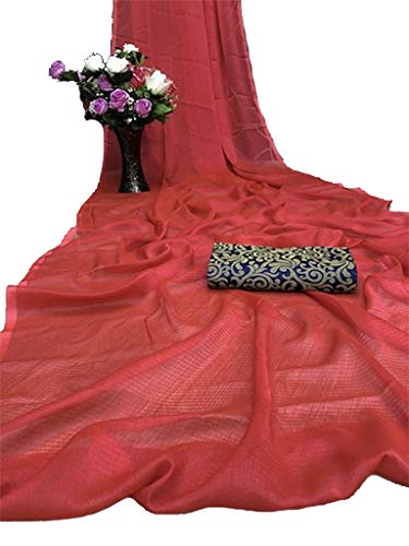 Women Fancy Zara Silk Saree With Printed Blouse Peice (Red)