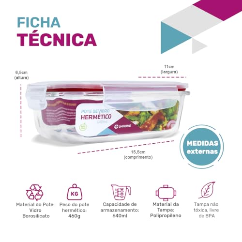 Conjunto 10 Potes Vidro Hermético Marmita Mantimento 640ml (Vermelho)
