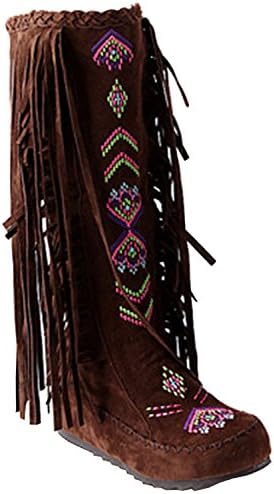 WAROFT Women's Stylish Faux Suede Round Toe Booties Fringe Moccasin Under Knee High Boots with Heighten Heel Size 4-12