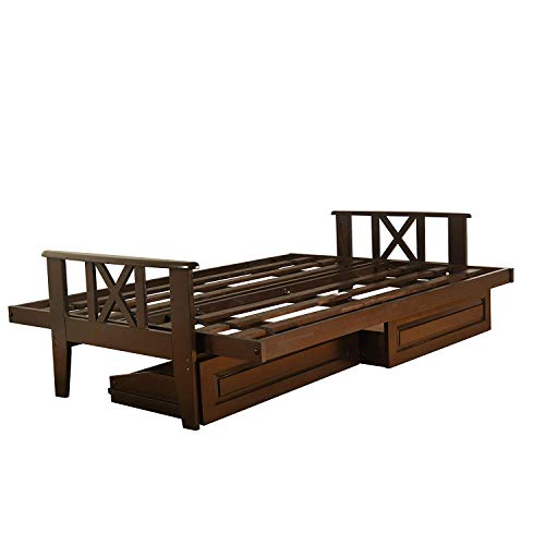 Jerry Sales Queen Size Montreal X Espresso Futon Frame only Hardwood Sofa to Bed Choice to add Drawers (Queen Frame and Drawer set)