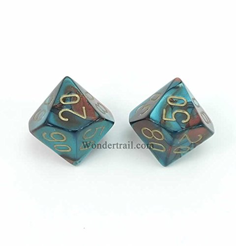 WCXPG1162E2 Red and Teal With Gold Numbers D10 Percentile Aprox 16mm (5/8in) Pack of 2 Dice Chessex