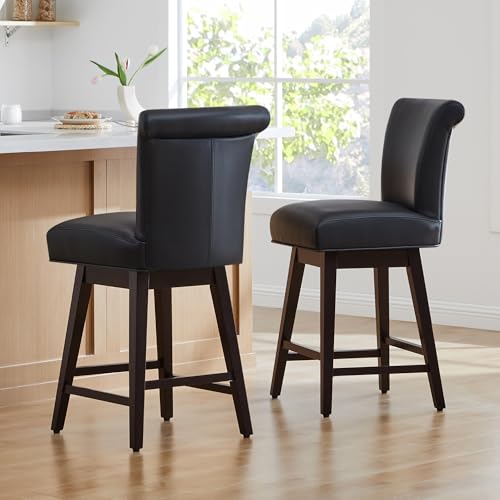 CHITA 26 Inch Counter Height Swivel Bar Stools Set of 2, FSC Certified Modern Upholstered Faux Leather Swivel Barstool Chair with Back, Black