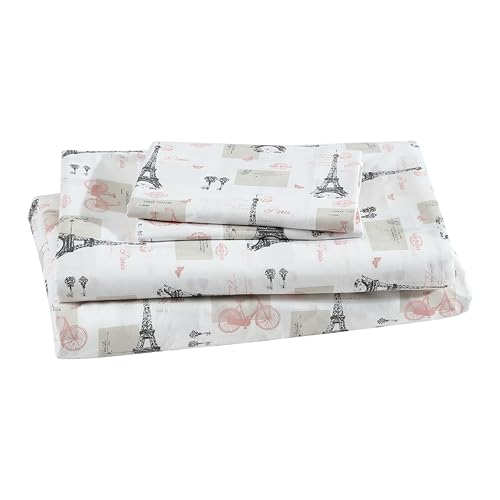 Beatrice Home Fashions Printed Microfiber Sheet Set, Soft Comfortable Easy Care, Includes 1 Fitted Sheet with 12 Deep Pockets, 1 Flat Sheet, Pillowcase, Full, Paris Postale