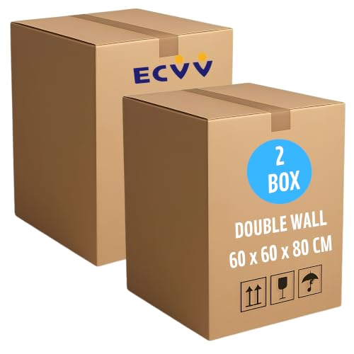 ECVV® [2 Pack] XXL-Large Double Wall 100% Recyclable Corrugated Cardboard Moving Boxes with 60 KG Capacity, [60 x 60 x 80 cm] Carton Boxes for Packaging, Shipping and Storage, 5 ply [Color : Brown]