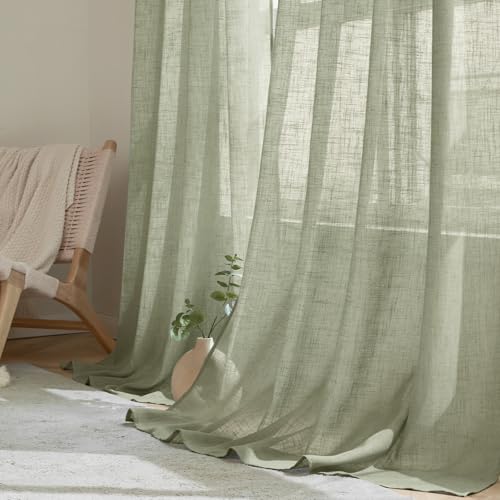Woaboy Linen Curtains Translucent Net Curtains with Eyelets Modern Decorative for Living Room Window Bedroom 2 Pieces 140 x 245 cm Green Grey
