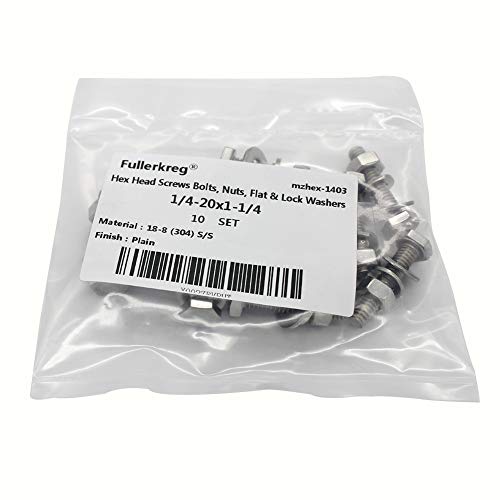 (10 Sets) 1/4-20x1-1/4" Stainless Steel Hex Head Screws Bolts, Nuts, Flat & Lock Washers, 18-8 (304) S/S, Fully Threaded by Bolt Fullerkreg