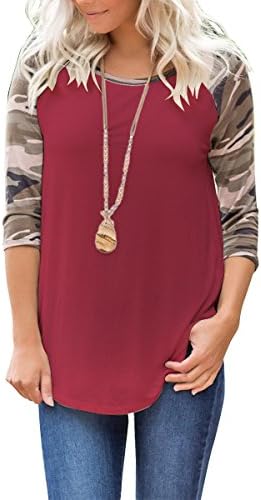 VOKY Womens T Shirts Casual 3/4 Camouflage Raglan Sleeve Blouse Tunic Tops