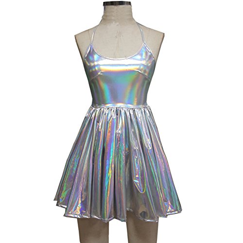 Pinda Summer Musical Festival Rave Clothes Holographic Wrap Circle Skater Dress (M, silver)