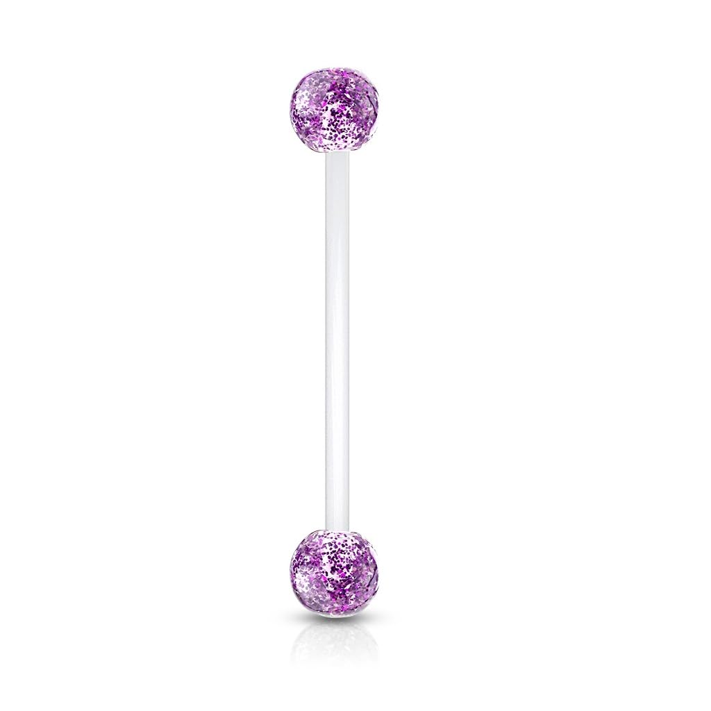 PiercedOff Bioflex 1.6mm Retainer with 6mm Purple Glitter Balls - Bar Length 25mm