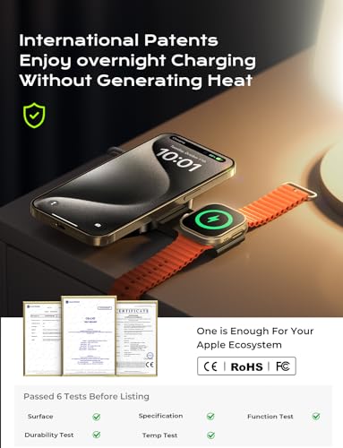 LISEN 2 IN 1 MagSafe Wireless Charger Mini Magnetic Stand Airpods Wireless Charger Fast Magsafe Charging Station for iPhone 17 16 15 14 Pro Max Air Apple i Watch 10/9 AirPods Pro3/2,Black