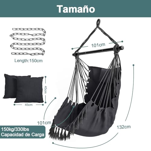 AzzmaAii Hamaca Colgante para Silla, Silla Hamaca Colgante de Cuerda con Cojín y Barra de Metal Silla Colgante al Aire Libre Silla Columpio Sillas Colgantes Portátil al Aire Libre Cuerda Colgante