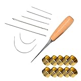 LIGONG 7 Pieces Sewing Needles with Leather Waxed Thread Cord Drilling Awl and 10 Pieces Thimble for Carpet Leather Curved Canvas Repair