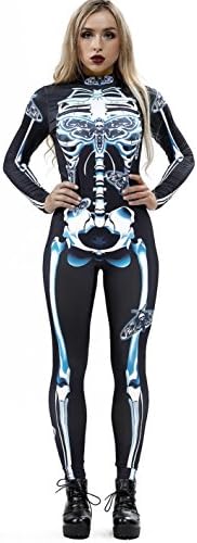 JomeDesign Halloween Costumes for Women 3D Skeleton Cosplay Jumpsuit Bodysuit