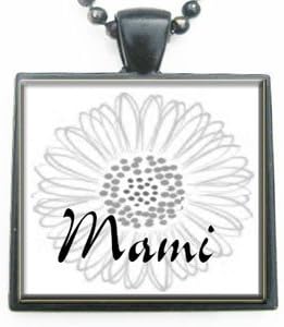 Mami Grandmother Flower Glass Tile Black Pendant Necklace W/chain