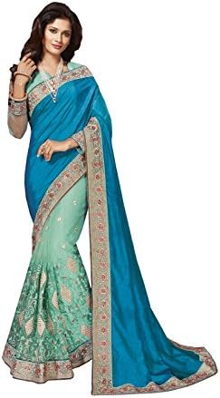 Fashions Trendz Indian Sarees For Women Wedding Designer Party Wear Blue+Sea Green Art Silk+Net Sari In Blue+Sea Green Art Silk+Net