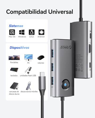 ORICO Docking Station, 6 in 1 USB C Hub with HDMI 4K+ PD100W + 4 USB 3.0 Ports, Multiport USB 3.0 Adapter Compatible with MacBook/DELL/HP/Surface