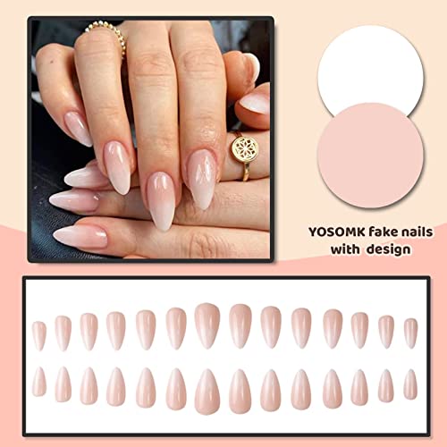 YOSOMK Gradient Nude Press on Nails Medium Almond Fake Nails Glossy Stick on Acrylic Nails Natural Ombre Glue on False Nails for Women - Image 4